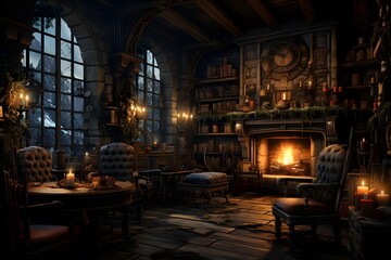 3D rendering of a fantasy room with a fireplace and a bookcase