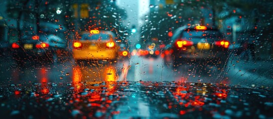 close up of water droplets on car window view with urban background