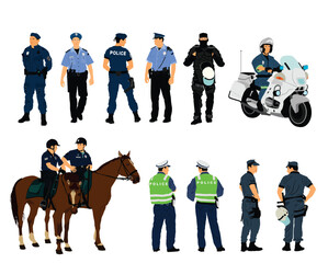 Policeman officer on duty vector illustration isolated. Police man in uniform patrol street. Security service member protect people. Law and order. Traffic police crew horse unit. Detective observe.