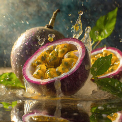 Illustration of sliced passion fruit amidst splashing water, with a whole, reflecting on the surface. Generative Ai.