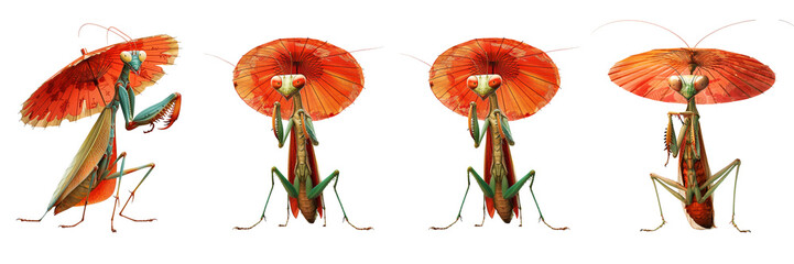Set of A big fat mantis with a red Chinese umbrella in hand, depicted on A ,transparent background - obrazy, fototapety, plakaty