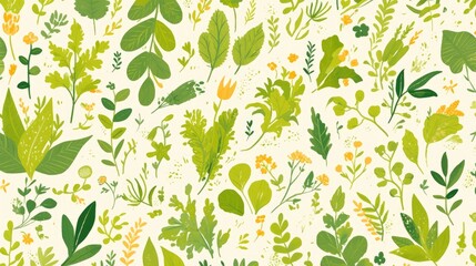 Fototapeta na wymiar Discover a vibrant and lively background pattern bursting with a variety of hand drawn herbs plants and branches in a charming doodle style showcasing lush greenery and intricate f
