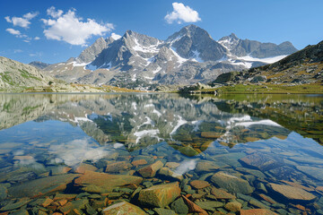 Serene alpine lake reflecting snow-capped summits