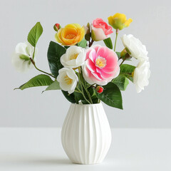 An elegant white vase with a variety of artificial flowers, ideal for a simple and evergreen home decor.