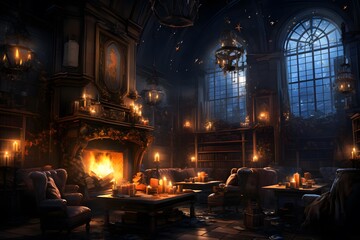 Interior of a dark room with a fireplace and a lot of candles
