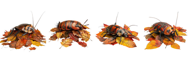 Set of a cockroach blending into a pile of autumn leaves, on A ,transparent background - obrazy, fototapety, plakaty