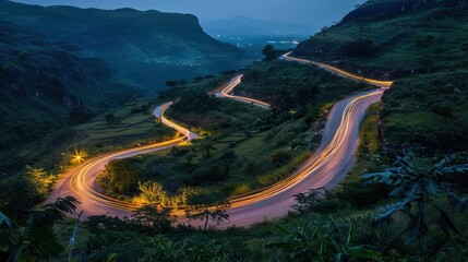 A long exposure night shot of the road at Serra da Leba near Lubango in the province of Hula in Angola.

 - obrazy, fototapety, plakaty