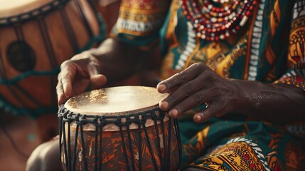 A man playing an ethnic percussion musical instrument jembe. Drummer playing african music

 - obrazy, fototapety, plakaty