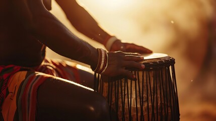 A man playing an ethnic percussion musical instrument jembe. Drummer playing african music  