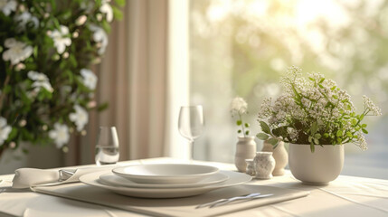 Sophisticated table setting with pure white dishes and a vase of fresh white flowers in a sunlit room.