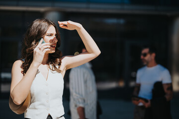 Professional woman in business attire actively engaged in a mobile phone conversation outside while...