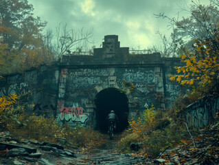 A BMX rider entering a graffiti-covered tunnel amidst autumn foliage.