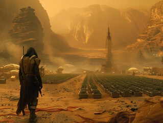 A Mars colonist stands before rows of greenery in a hydroponics bay with a Martian landscape and habitat modules in the background.
