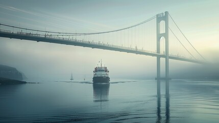 A ship carrying vehicles passes beneath a suspension bridge as it departs for Europe.

 - obrazy, fototapety, plakaty