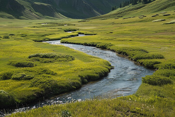 Serene mountain meadow with a clear stream winding through