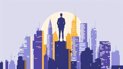 Young, dynamic CEO at the top of a skyscraper overlooking the city, expressing vision and success, dramatic sunset background - obrazy, fototapety, plakaty