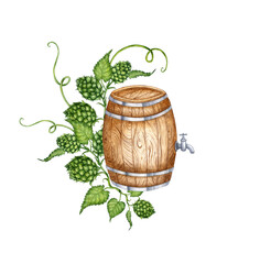 Watercolor illustration of a wooden barrel with green hop leaves for beer and other alcoholic...