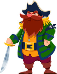 Obraz premium Cartoon pirate captain character, corsair seaman with saber and tricorn hat. Isolated vector grumpy sea rover personage with beard and mustaches, holding sword, ready for adventures and treasure hunts