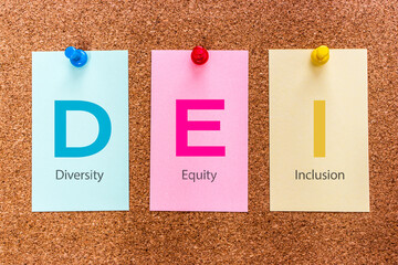 Conceptual 3 letters keyword DEI (Diversity, equity, and inclusion), on multicolored stickers...