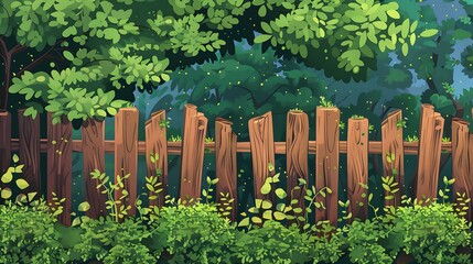 Serene Garden with Lush Green Bushes and Rustic Wooden Fence, Cut Out Illustration
