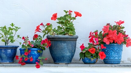 Fototapeta na wymiar Blue Flowerpots and Red Flowers on a white wall with vintage lan 