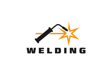 Weld icon, Welder tool and sparks. Isolated vector emblem with stylized welding torch in action, emitting a bright, dynamic spray of sparks, symbolizing the process of industrial metal work service