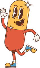 Cartoon retro pill groovy character as hippie of 70s with funky face, vector funny art. Groovy cactus pill medicine with silly smile dancing, 70s hippie or freaky hipster cartoon emoji character
