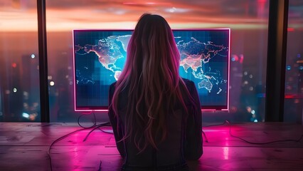 Woman in front of illuminated world map on computer screen. Concept Photography, Technology, Travel, World Map, Illuminated Screen