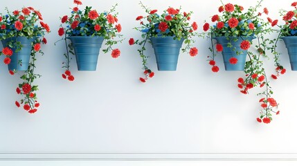 Blue Flowerpots and Red Flowers on a white wall with vintage lan

