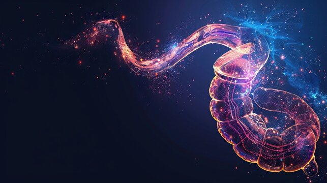 Abstract plexus human stomach on a dark blue background.

