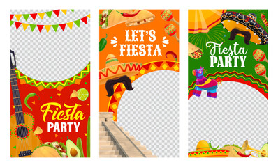 Mexican fiesta party banner templates for Mexico holidays celebration, vector frames. Social media templates with Mexican sombrero and mariachi guitar, Aztec pyramid and avocado with maracas