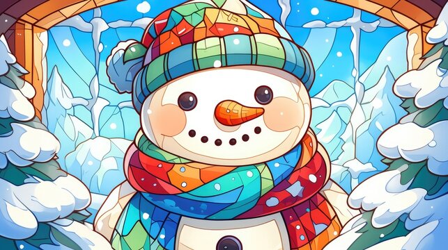 Imagine a delightful cartoon snowman decked out in a charming hat and cozy scarf depicted in the whimsical style of a stained glass window set against the backdrop of a tranquil winter morn