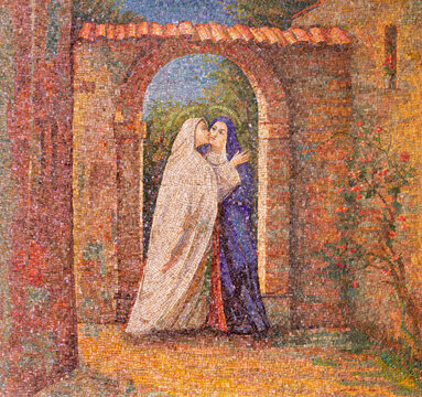 MILAN, ITALY - MARCH 8, 2024: The mosaic of Visitation in the church Chiesa di Santi Quattro Evangelisti by Italo Persson and Silvio Consadori from 20. cent.