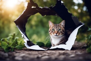 'isolated side paper cat hole torn funny pet scottish adorable animal beautiful big breed british carnivore baby cut domestic felino fold frame front hair kitten looking lovable mature1 paw pedigreed' - obrazy, fototapety, plakaty