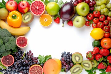 Fresh fruits and vegetables background, fruits and vegetables frame background, foods frame background