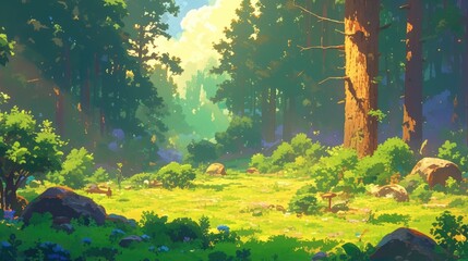 Obraz premium Immersed in the heart of a lush forest lies a picturesque glade serving as the backdrop for a stunning nature landscape captured in cartoon 2d format