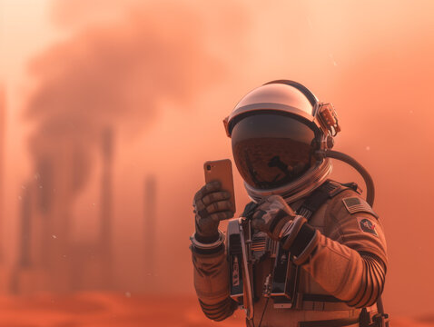 An astronaut in a space suit takes a selfie during a Martian sandstorm with orange hues.