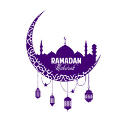 Crescent moon, Arabian lanterns and mosque minarets. Ramadan Kareem banner. Eid Mubarak holiday vector greeting card with traditional Muslim mosque silhouette within ornate crescent and fanous lamps