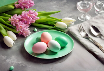 Obraz na płótnie Canvas 'view Copy Top Green pink hyacinth easter table eggs mint stone silver cutlery space background white Image setting plate Design Spring Concept FloralBackground Design Easter Spring Table Space'