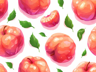 Seamless pattern featuring stylized apricots and leaves on a white background.