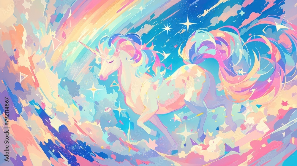 Poster immerse yourself in a whimsical world of a rainbow unicorn backdrop adorned with fluffy clouds and t