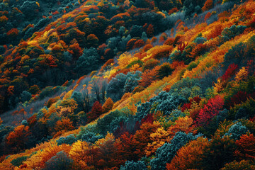 Steep mountain slopes covered in a patchwork of vibrant autumn colors