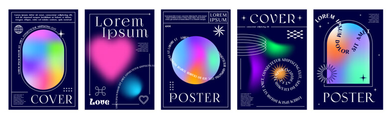 Aesthetic color gradient Y2K posters and abstract backgrounds, vector covers. Modern neon glow color gradient poster templates with Y2K aesthetic minimal heart, circle and arch line frames