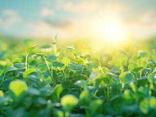 Obraz premium Vibrant arugula plants bask in the sunlight, giving off a fresh, green appearance in a lush field.