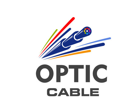 Fiber optic cable icon. Isolated vector emblem for internet connection, telecommunication technology and networking. Dynamic wire or cord with colorful lines convey speed and broadband data traffic