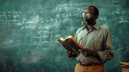 African TTeacher reading school blackboard.

