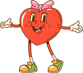 Cartoon groovy valentine girl heart character. Cute retro personage of girly red heart with happy smiling face and pink ribbon bow. Vector groovy hippie emoticon of pure love and romantic feelings