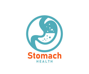 Stomach health icon, isolated vector gastroenterology emblem of healthy belly organ with bubbles inside of blue circle. Medical gastro sign for clinic. Symbol of digestive health, internal vitality