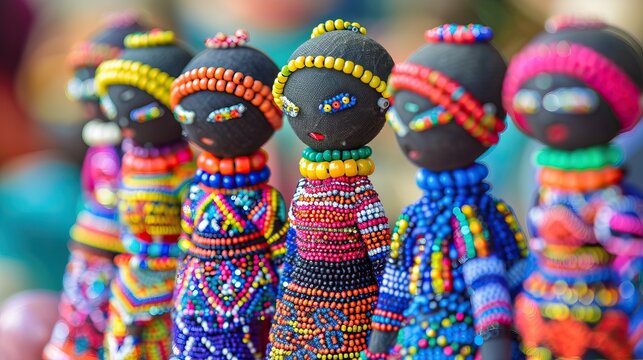 African unique rag dolls in traditional handmade colorful beads and fabrics clothes. Craftsmanship. African fashion. Local craft market in South Africa. Ethnic costume of tribe Sesotho, Basotho.

