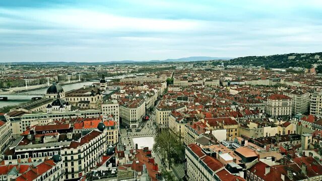 Aerial shot of Rue and Place de la Republique in the center of Lyon, France